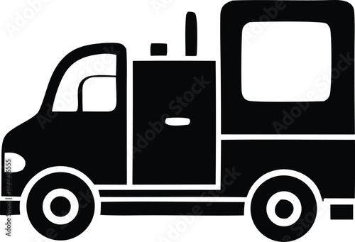 Simple silhouette of a food truck or mobile service vehicle with distinctive cabin and cargo area for commercial use