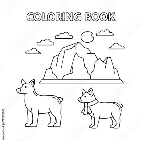 A playful coloring book design featuring two dogs beside a mountain landscape with clouds and a sun.
