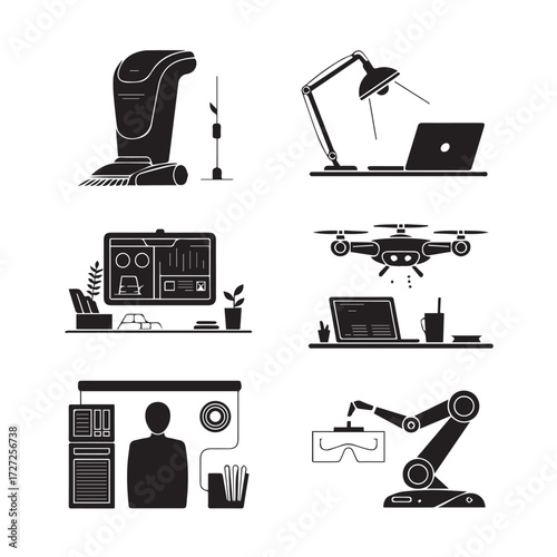 Vector art of set of six modern technology and automation icons in silhouette, including a vacuum cleaner, desk lamp with laptop, computer monitor, drone, robot arm, and person at a desk