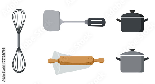 A collection of six kitchen utensils a whisk a spatula two pots and a rolling pin