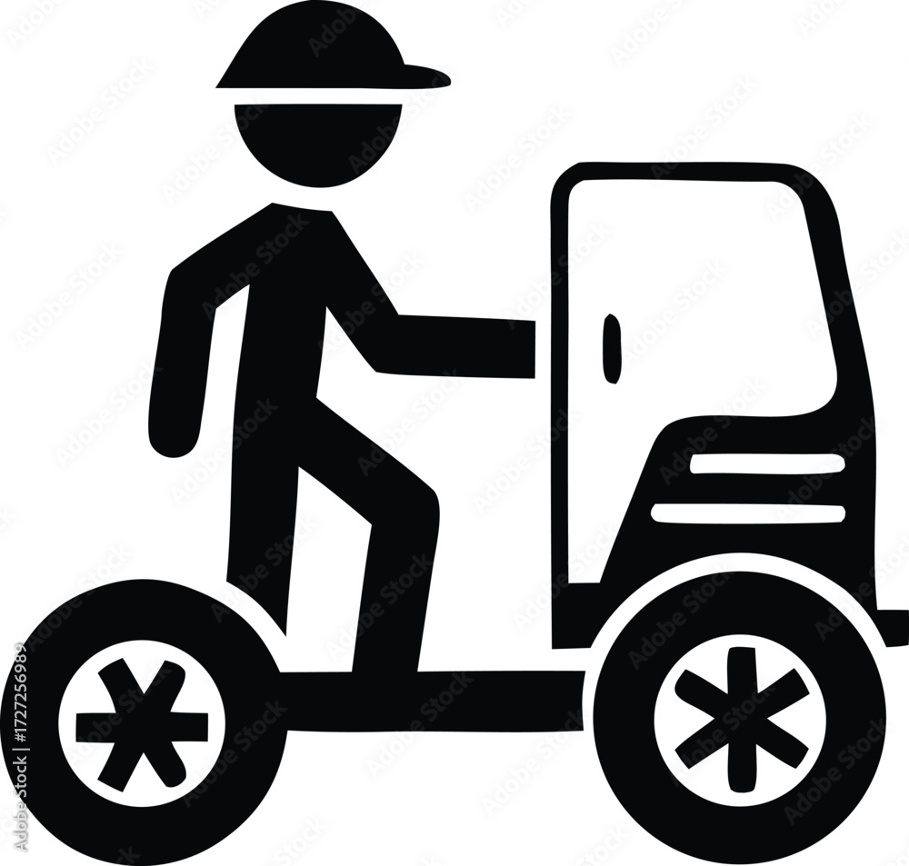Obraz premium Simple silhouette icon of a delivery person riding a small vehicle for quick urban logistics and transport