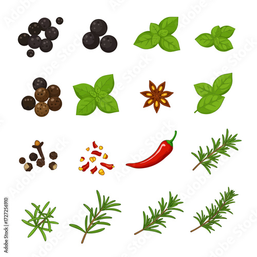 A grid illustration of various whole and ground spices and herbs