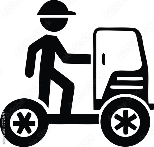 Simple silhouette icon of a delivery person riding a small vehicle for quick urban logistics and transport