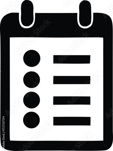 Simple black and white icon of a calendar page with a checklist and four bullet points for planning events and tasks