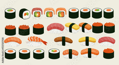 A variety of sushi rolls and nigiri arranged in three rows against a pale background