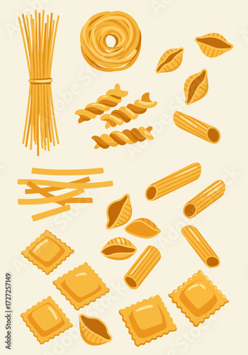 An assortment of various goldenyellow dry pasta types illustrated on a pale background