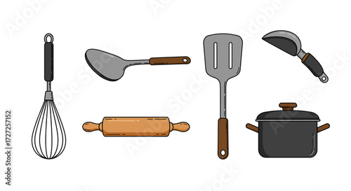 Assorted kitchen utensils including a whisk ladle spatula rolling pin and pot