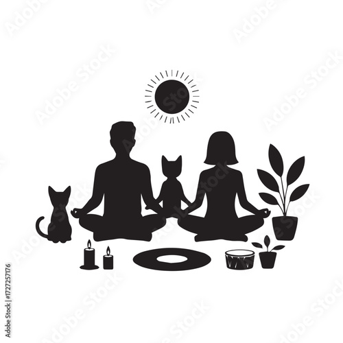 Vector art of silhouette of a couple and a child meditating in lotus pose with cats, candles, plants, and sun