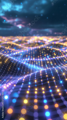 Abstract digital landscape with glowing lights and a starry night sky.