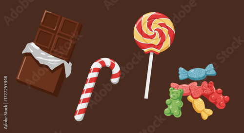 Assortment of chocolate bar candy cane lollipop and gummy candies on a dark brown background