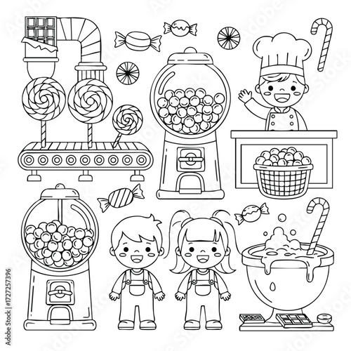 A whimsical candy factory scene featuring cheerful children, machines, and various sweet treats in a playful design.