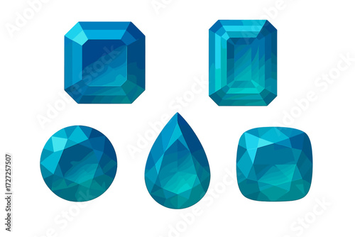 Beautiful collection of vibrant blue faceted gemstones in various elegant shapes and intricate cuts
