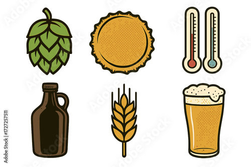 Collection of essential elements for brewing beer, including hops, wheat, bottle cap, growler, and a full glass of ale