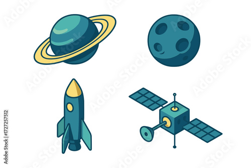 Colorful space exploration elements featuring planets, a rocket, and a satellite for cosmic adventures and discovery