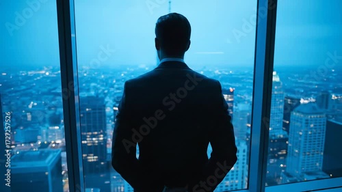 Businessman in suit standing by window overlooking city skyline