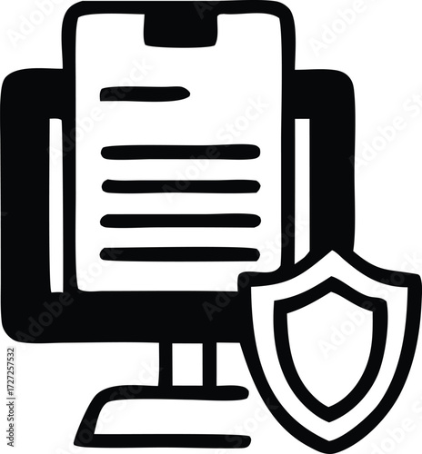 Digital security computer monitor and shield icon representing data protection and online safety for businesses and individuals