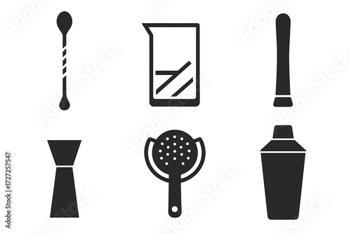 Comprehensive collection of essential bar tools and cocktail making equipment for professional and home mixology, including shakers, strainers, and jiggers