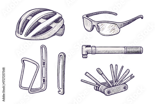 Hand drawn collection of essential cycling equipment: helmet, sunglasses, pump, water bottle cage, repair tools