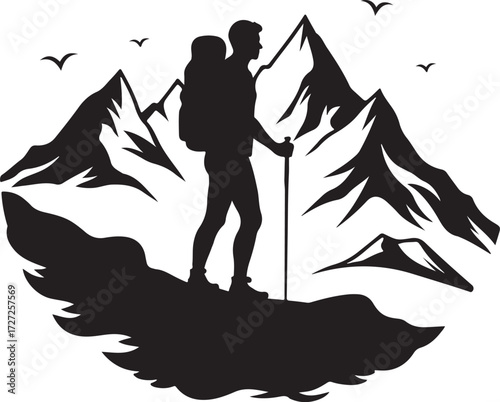 Silhouette hiker with backpack and trekking pole on mountain peak