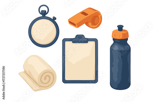 Collection of sports and fitness equipment including stopwatch, whistle, clipboard, water bottle, and towel for training