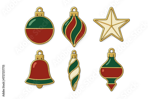 Assortment of colorful Christmas tree ornaments featuring various festive shapes and designs including stars, bells, and baubles for holiday decor