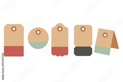 Minimalist set of blank paper tags with various shapes, color-blocked bottoms, and eyelets for gifts or sales