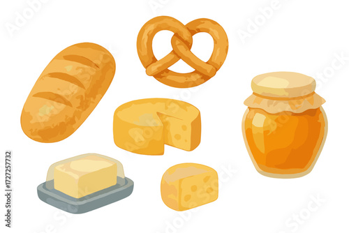 Fresh baked bread, golden honey, various cheeses, creamy butter, and a pretzel for breakfast or snack