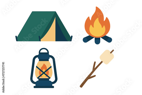 Outdoor adventure and camping essentials set with a green tent, burning campfire, vintage lantern, and marshmallow on a stick