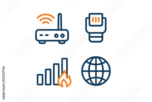 Digital network connection and internet security icons featuring wireless router, ethernet cable, signal strength, and global communication