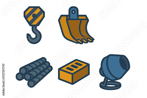 Essential construction site equipment, heavy machinery tools, and building materials for industrial projects