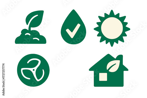 Environmental sustainability icons set with plant, water, sun, recycling, and eco-friendly house symbols