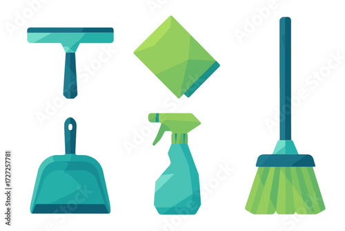 Collection of essential household cleaning supplies like broom, dustpan, spray bottle, squeegee, and cloth