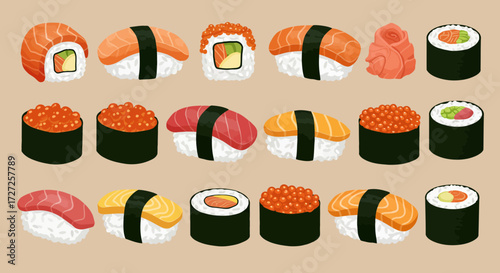 Assortment of fifteen illustrated sushi pieces and pickled ginger