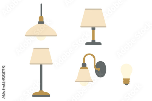 Collection of various modern and classic lighting fixtures including ceiling, table, wall lamps, and a light bulb