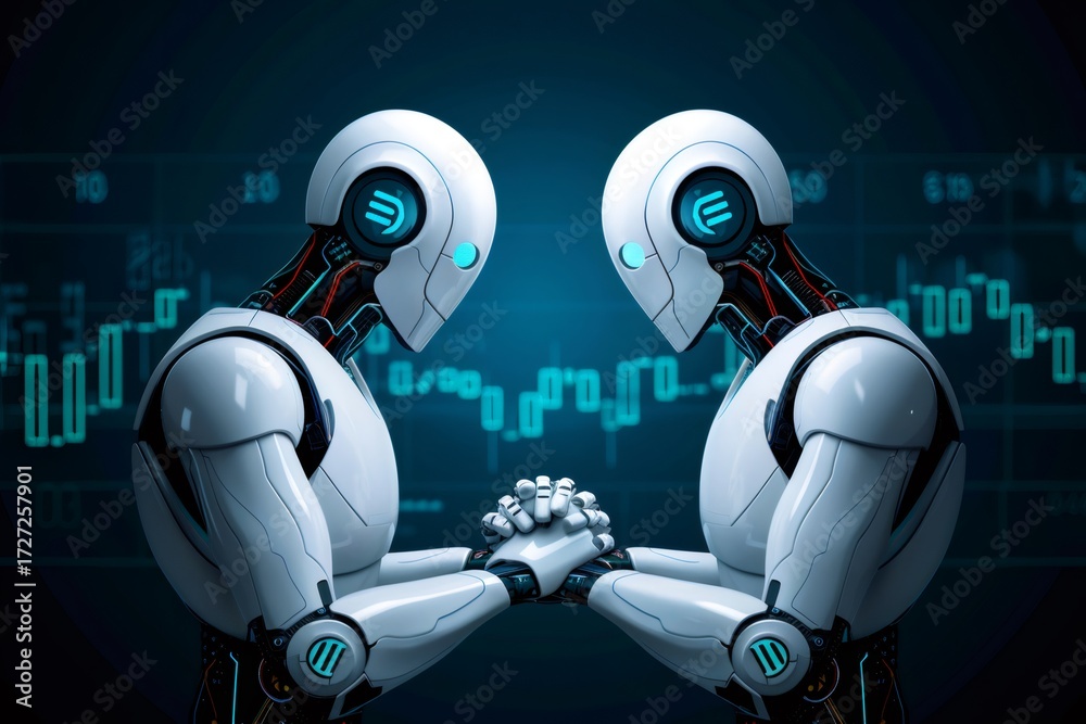 Naklejka premium Robots arm wrestling, competing in artificial intelligence stock market