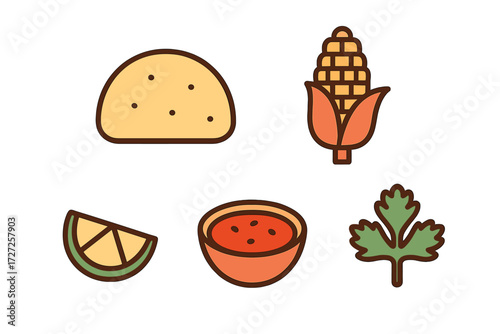 Traditional Mexican food ingredients assortment with tortilla, corn, lime, salsa, and fresh cilantro