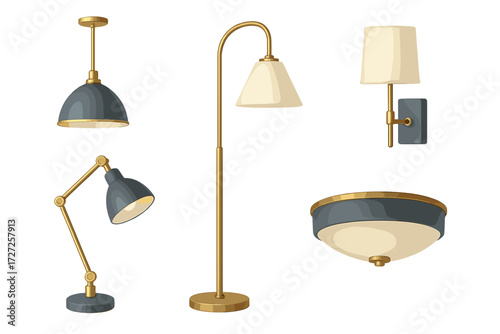 Modern home lighting fixtures collection featuring various lamps for interior design including floor, desk, pendant, wall, and ceiling lights
