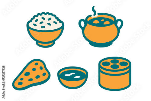 Vibrant collection of essential meal components including rice, soup, bread, sauce, and a steamer for diverse culinary designs