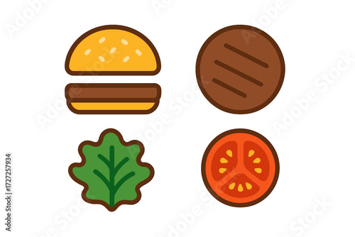 Essential components of a classic American hamburger including a sesame seed bun, grilled beef patty, fresh green lettuce, and a ripe red tomato slice