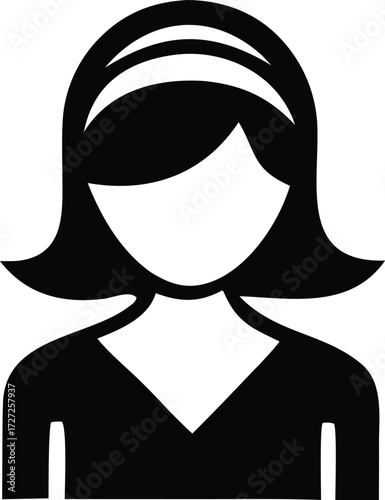 Simple silhouette icon of a woman's head and shoulders with a headband and bob hairstyle representing a female user or person