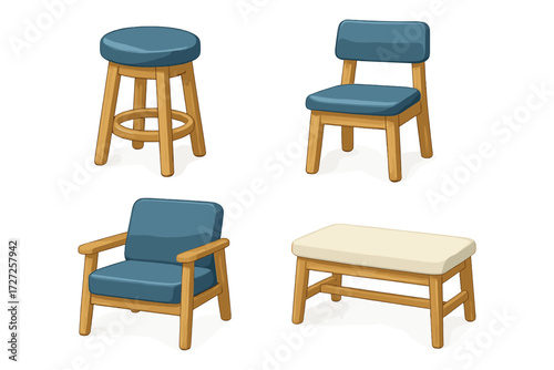 Collection of wooden furniture pieces with blue and cream cushions including a stool, chair, armchair, and bench