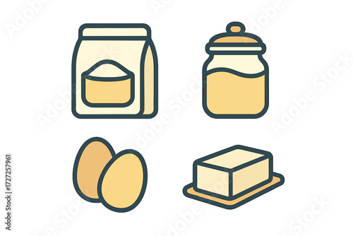 Collection of essential baking ingredients including flour, eggs, butter, and sugar for kitchen and recipe designs