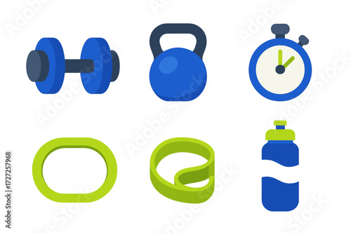 Diverse collection of fitness and workout equipment and gym accessories for exercise and promoting a healthy lifestyle