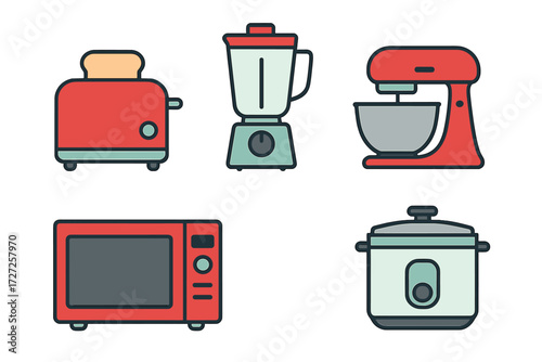 Modern kitchen appliances collection for home cooking and food preparation, featuring toaster, blender, mixer, microwave, and rice cooker