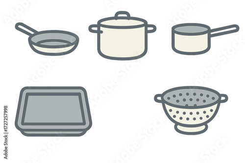 Collection of essential kitchen cooking utensils set including pot, pan, saucepan, baking tray, and colander for meal preparation