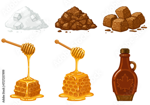Assortment of granulated white sugar brown sugar brown sugar cubes honey dippers with honey and a maple syrup bottle