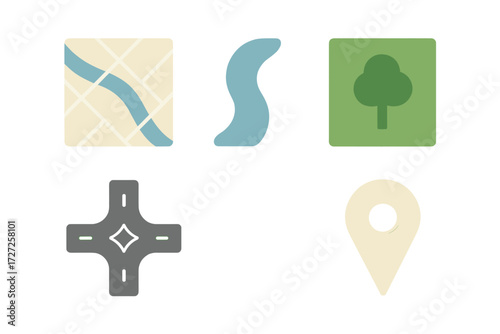 Set of navigation and location icons featuring map, winding river, green tree, road crossroads, and destination pin marker
