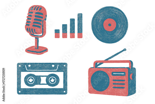 Retro audio media icons set with microphone, vinyl record, cassette tape, radio, and sound waves