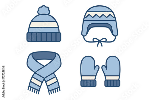 Essential winter season clothing accessories set featuring knitted hats, a cozy scarf, and warm mittens