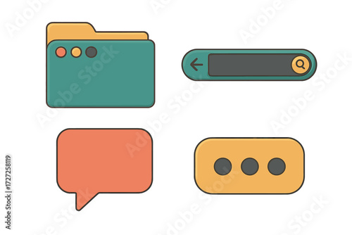 Modern user interface elements set with folder, search bar, chat bubble, and ellipsis icons for web and app design projects